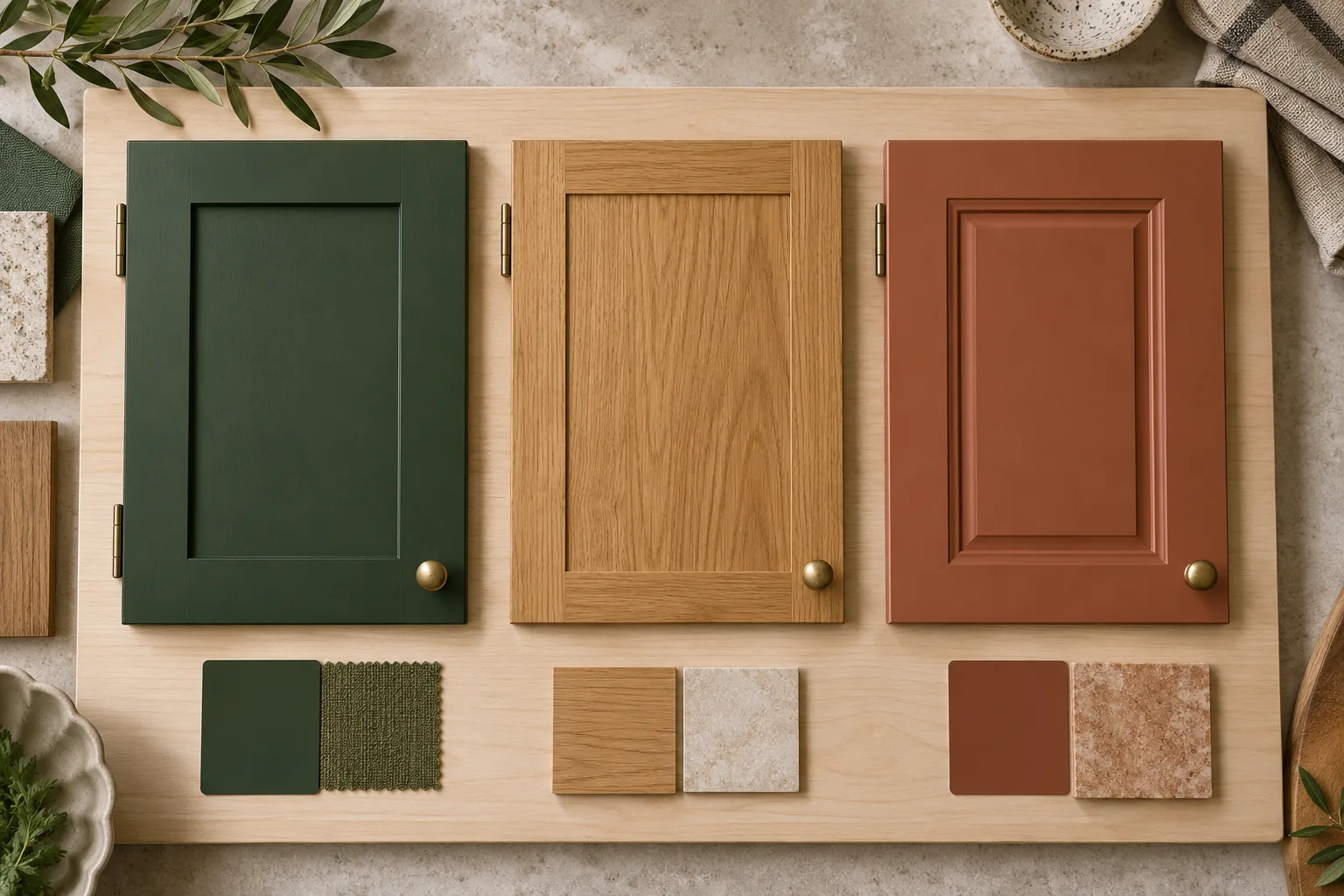 Green, oak and terracotta cabinet door samples with brass knobs on a wooden board