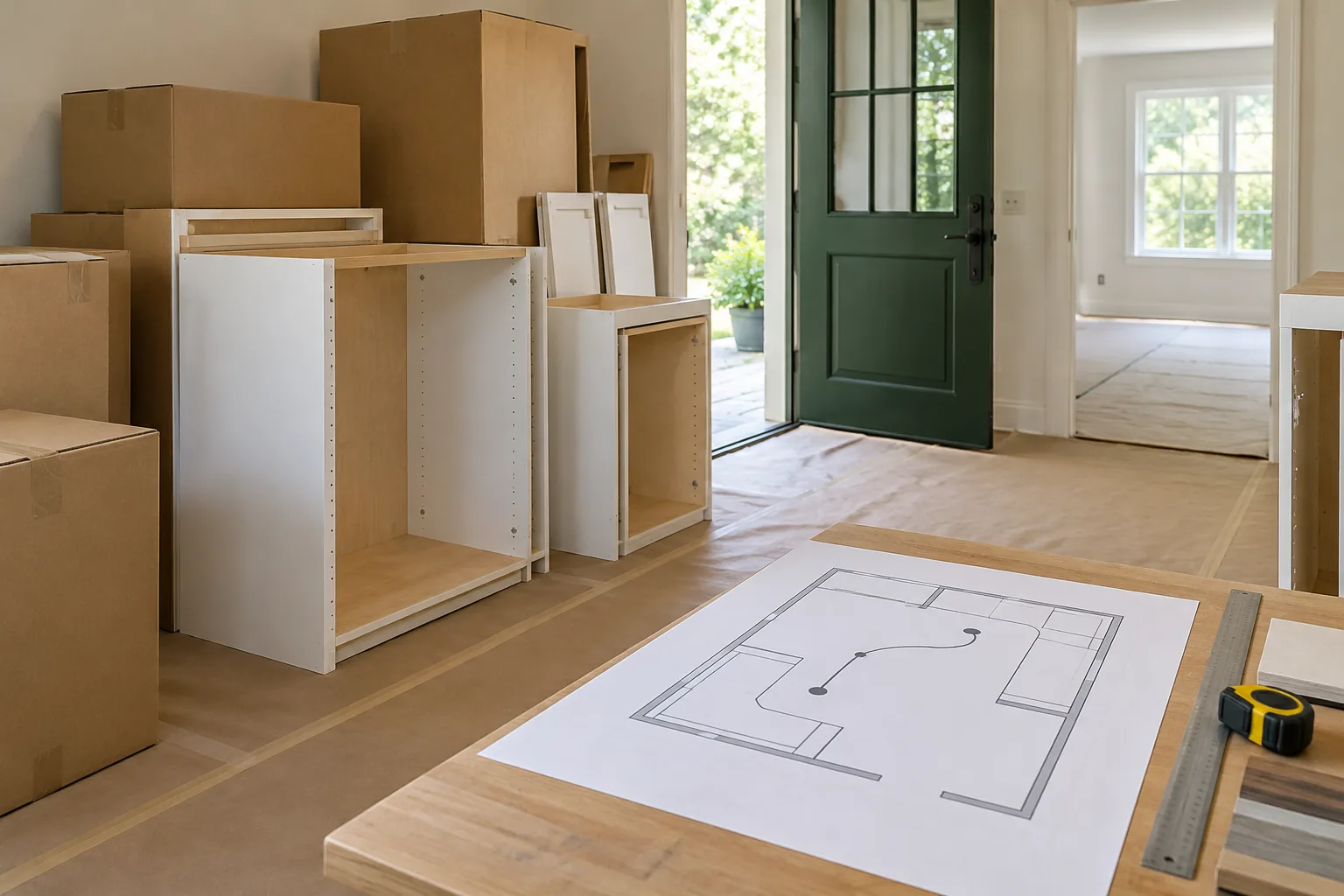 Unfinished cabinet boxes and cartons beside an open green entry door and room drawing